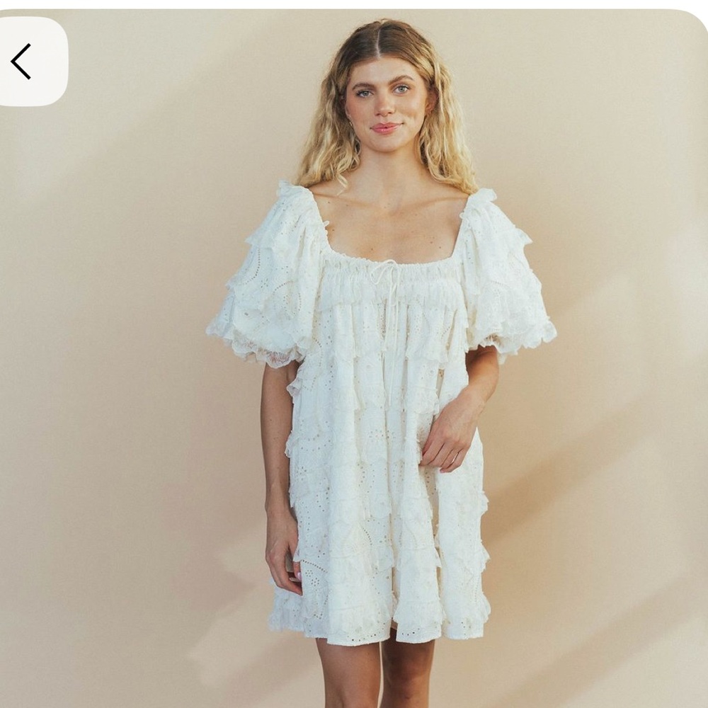 White Eyelet Mini Dress with Puff Sleeves